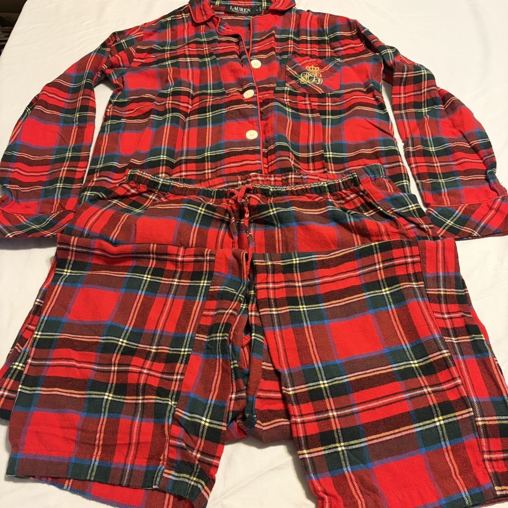 Lauren Ralph Lauren Women's 2 Pc Long Sleeve Plaid Cotton Pajamas Crest Logo S